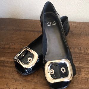 Stuart Weitzman patent flats with buckle